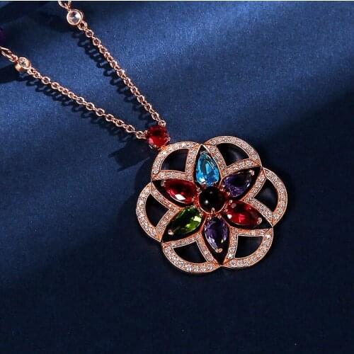 New Fashion Womens cubic zircon colored natural stone Geometric Star pendants necklace Ladies rose gold color party Jewellery