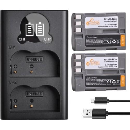 2 Pc 1900mAh EN-EL3e EN EL3e Camera Battery & LED Charger with Type C Port for Nikon D50 D70 D80 D90 D100 D200 D300 D300S D700