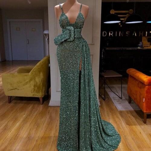Glitter Green Prom Dresses Sexy Spaghetti Neck Sequined Backless Evening Gowns Side Split Red Carpet Runway Fashion Dress robes
