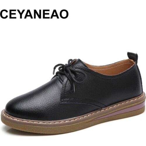 CEYANEAOwomens casual shoes flat shoes moccasins old woman mother cow genuine leather lace-up Korean pigskin 35-40 E004