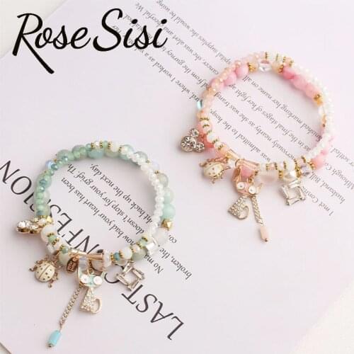 Rose sisi Korean style fresh natural stone bracelets for woman insect pendant kitten pattern elastic two-piece set jewelry