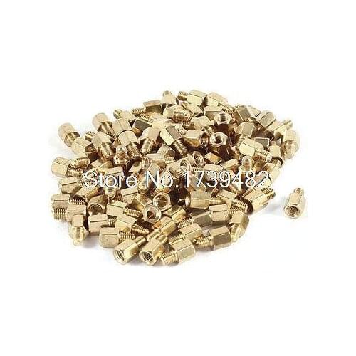 M3 Male to Female Thread 5mm+5mm PCB Spacer Stand-off 10mm Gold Tone 100 Pieces