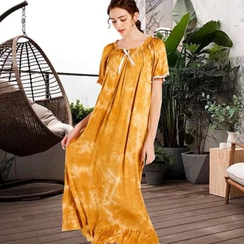 New Modal Nightdress Women Short Sleeve Gradient Long Sleepdress Nightgown Breathable Elastic Collar Floral Sleepwear Loungewear
