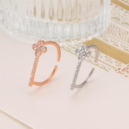 New Arrival Korean Design D-shaped Four-Leaf Clover Cubic Zirconia Stones Open Ring 925 Sterling Silver Lady Party Birthday Gift