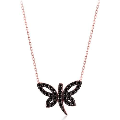 925 Sterling Silver Women Necklace Dragonfly Black Zircon Stone Gift Birthday Precious Pendant Stylish Chain Luxury Cool