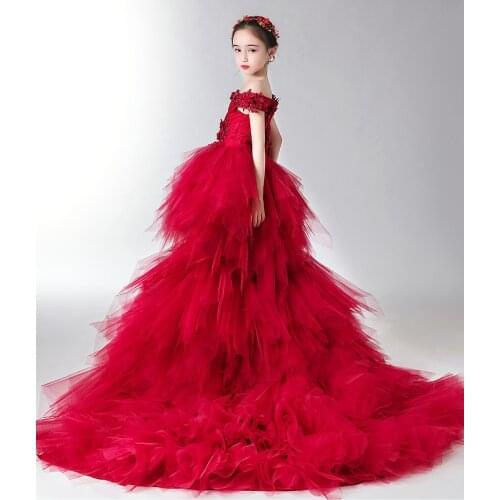 Off Shoulder Girls Princess Dresses Long Trailing Evening Party Dress Red Appliques Tulle Princess Flower Girls Wedding Gown