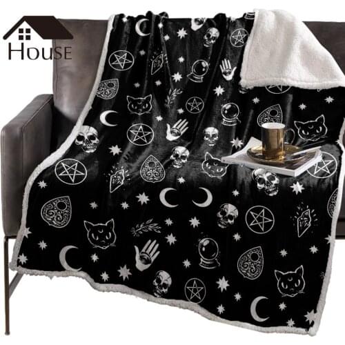 BIGHOUSES Throw Blanket Black Witch Skull Moon Divination Fleece Blankets Personalized Blankets Bedclothes