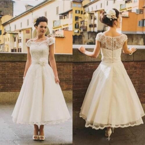 Vintage Ankle Length Wedding Dresses 2021 Custom Cap Sleeve Jewel Neck Flower Belt A Line Lace Short Bridal Gowns Robe De