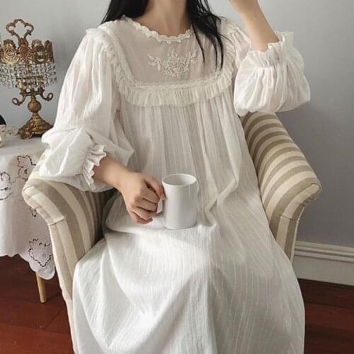 Vintage Cotton Nightgowns Sleepwear Women Spring Autumn White Long Night Dress Victorian Retro Lace Peignoir Nightwear Home Wear