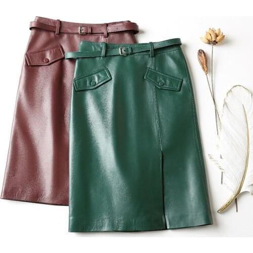 2020FW Autumn High Quality Women Genuine Leather Female A-Line Skirt 3 Color