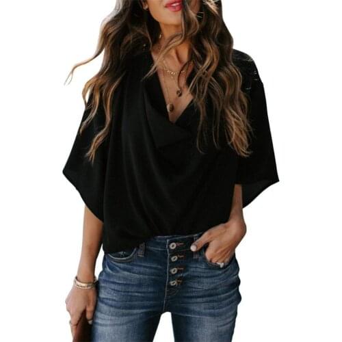 Women Chiffon blouse Fashion Solid Color Half Sleeve V Neck Draped Front Shirt Blouse Size S-2XL Women Tops рубашка женская 2021