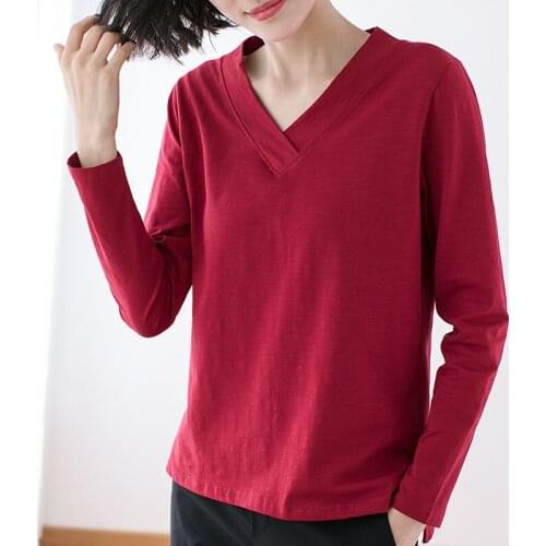 Womens Spring Autumn Style Cotton Blouse Shirts Womens Solid Color V-neck Temperament Elegant Long Sleeve Casual Tops DD8327