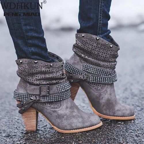 2020 New Fashion Women Boots High Heels Shoes for Female Rivet Strap Buckle Diamond Shoes Ladies Short Boots Leather Ankle Boots