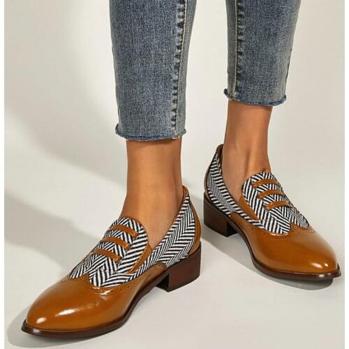 Sianie Tianie 2021 Fall Striped Patchwork Brown Black Round Toe Chunky Med Heels Women Office Dress Pumps Netural Loafers Shoes