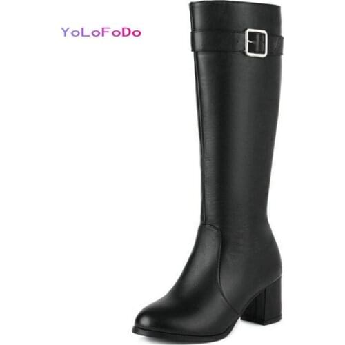 2021 Autumn Winte Rwomen Knee High Boots Comfortable Square High Heel Round Toe Ladies Calf Boots PU Leather Buckle Womens Boot
