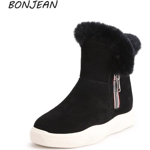 Snow boots women 2019 new ankle zip boots warm lining casual shoes leather bootie Round Toe Cow Suede low heel winter bootie