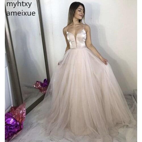 New Cheap Champagne Tulle Plus Size Evening Gown Dresses For Women V-neck Spaghetti Straps Sweep Train Soft Tulle Zipper Back