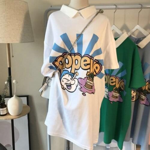 White Cartoon Letter Print Dress Women Summer 2021 Loose Casual Maxi Streetwear Oversize Polo Neck Fashion T Shirt Dresses New