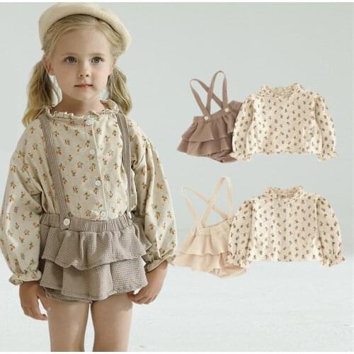 Baby Girl Winter Causal Clothes Sets Floral Blouse+ Strap Solid Shorts Newborn Girls Birthday Costume Baby Girls Outfit Set