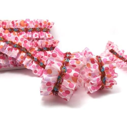 1 5/8 Inch Pink Pleated Printed Polka Dot Polyester Ribbon with Rosette Trim|Headband Supplies|Hair Embellishment