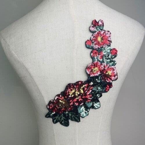 1PCS Large Long Sequins Patches for Clothes Motif Applique Shining Red Flower Sew Iron on Patches for Clothing Sequined Sticker