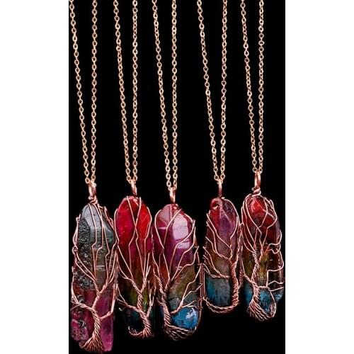 Handmade 7 Chakra Rainbow Natural Stone Tree of Life Pendant Necklace Women Opal Crystal long Chain Statement Men Jewelry Gift