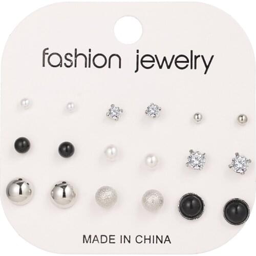 9 Pairs/set Black Earrings Ball Simulated Pearl Stud Earrings Set Women Flower Piercing Card Stud Earring Kit Bijouteria Jewelry