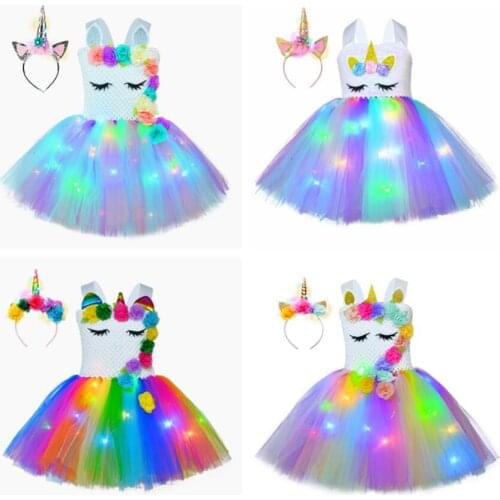 Girl Unicorn Dresses for Girls Tutu Princess Party Dresses with LED Lights Flower Birthday Party Cosplay Costume Girls Clothing