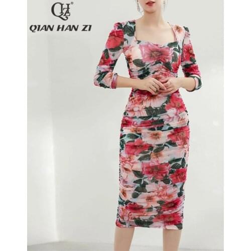 Qian Han Zi designer fashion summer womens dress Stretch mesh flower printing Tight-fitting midi dress
