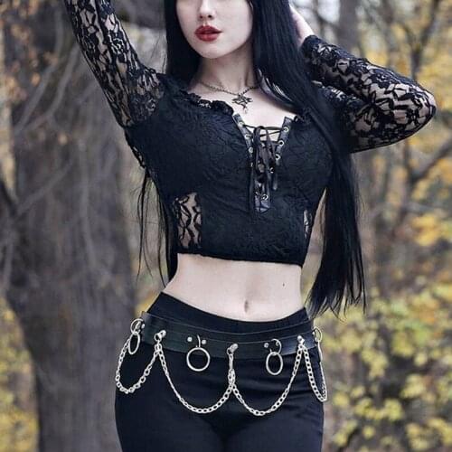 Women Vintage Lace Up Gothic Top Sexy Mesh See Through Long Sleeve Hollow Out Bodycon Basic Top