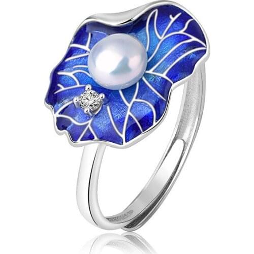Folk-custom Burning Blue Cloisonne Natural Freshwater Pearl Lotus Crystal Adjustable Rings Unisex Fashion Creative Jewelry Gifts