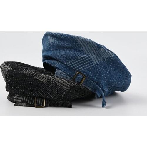 Womens Hat Large Version Washed Denim Beret Korean Fashion Plaid Soft and Comfortable Cloud Hat Retro Painter Hat