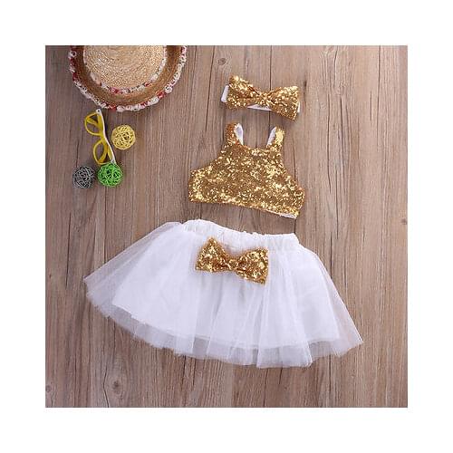 3pcs Toddler Baby Girl clothes set Sequins sleeveless Tops+Tutu Skirts +Headband Outfits Set clothes