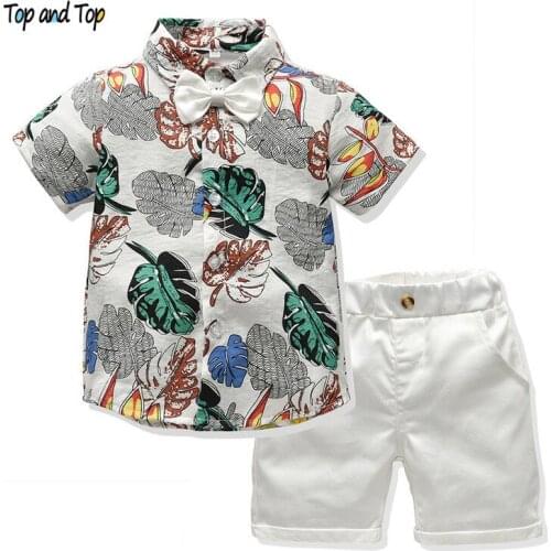 Top and Top Summer Beach Style Boy Clothes Set Casual Flower Printed Bowtie Shirt Tops +Shorts Children Boys 2Pcs Clothing Suit