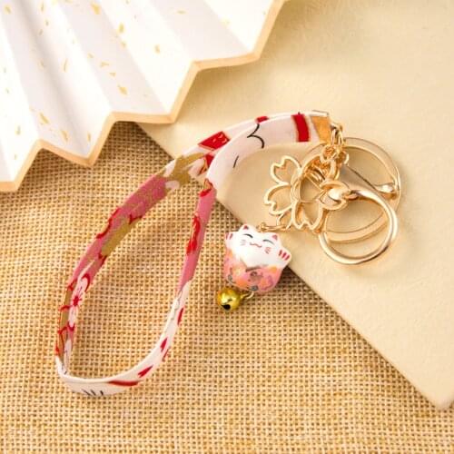 New Maneki Neko Cute Sakura Ceramics Fortune Lucky Cat Keychain Key Chain Car Bag Pendent Mobile Accessories Couple Gift
