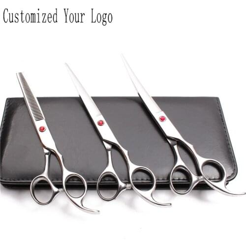 7" Stainless Customize Logo Shiny Dogs Grooming Scissors Cutting Scissors Thinning Shears Dog Curved Scissors Pets Shears C3003
