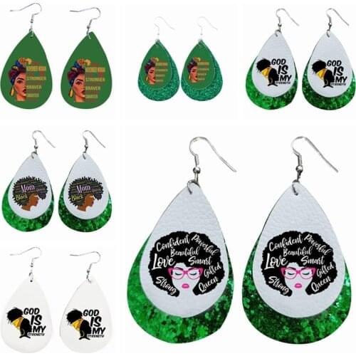 Wholesale Popular African American Woman Queen Black Girl Earrings Faux Leather Teardrop Earrings