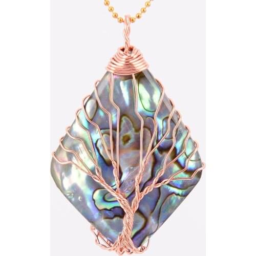 Natural Stone Rhombus Abalone Shell Pendant Protective Copper Line Wrapped Tree of Life Necklace for Women Fashion Jewelry D544a
