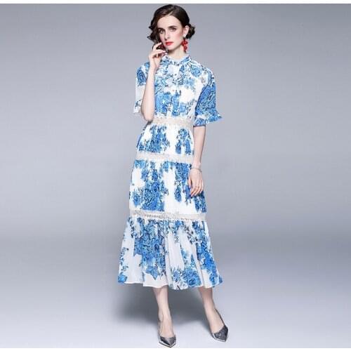 Womens Summer Prom Dress French Fashion Stand-up Collar Printed Pleated Lace Flared Sleeve Dress Waist Female Slim Dresses X198