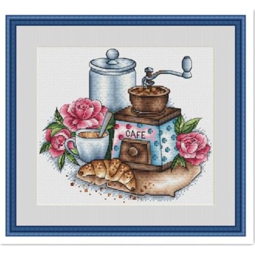 Rose and coffee cross stitch package flower 18ct 14ct 11ct cloth cotton thread embroidery DIY handmade needlework