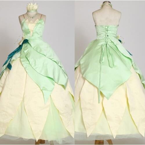 Princess And Frog Cosplay Costume Tiana Green Party Dress Adult Women Halloween Carnival Ball Gown