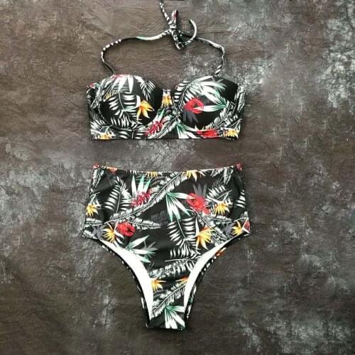 Sexy Leaf Print Bikini 2020 Female Swimsuit Women Swimwear Thong Push Up Bikinis Set High Waist Swimming Suits for Bathing Suit