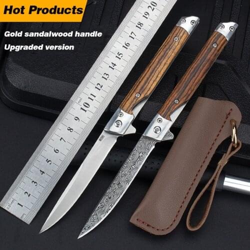 Damascus Pattern Folding Knife Outdoor Pocket EDC Knife Jungle Hunting Camping Survival Knife Sandal wood Handle Magic Pen Knife