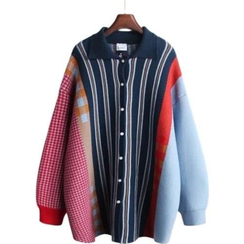H.SA Women Winter Casual Kntting Sweaters Turn Down Collar Striped Patchwork Outwear Jumpers Soft Warm Long Korean Chic Sweater