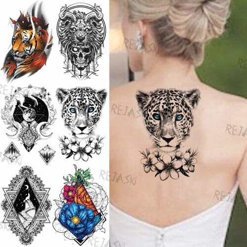 Black Leopard Dahlia Flower Temporary Tattoos For Women Men Fake Tiger Lion Fox Moon Tattoo Sticker Water Transfer Tatoos Paste