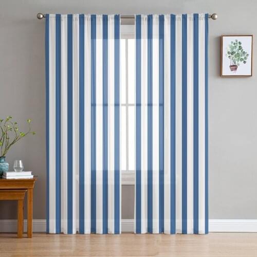 White Blue Stripes Window Treatment Tulle Modern Sheer Curtains for Kitchen Living Room the Bedroom Curtains Decoration
