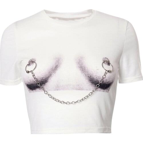 Women Punk Metal Chain White T Shirt Streetwear Sexy Printed Crop Tops Short Sleeve Basic Tops T-Shirts Casual Chic Fun Print