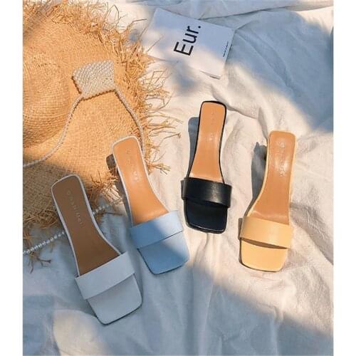 2020 New Summer Women Pumps Shoes Fashion Heel Mules Slippers Elegant Square Toe High Heels Slippers Ladies Party Dress Shoes