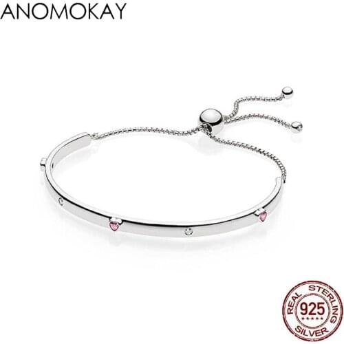 Anomokay Featured Brand 925 Sterling Silver Bracelet Women Link Tennis Adjustable Bracelet with Pink Crystal Heart
