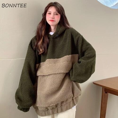 Women With Hat Hoodies Thickening Patchwork Kangaroo Pocket Lambswool Pullovers Simple Warm Elegant Female All-match Chic Autumn